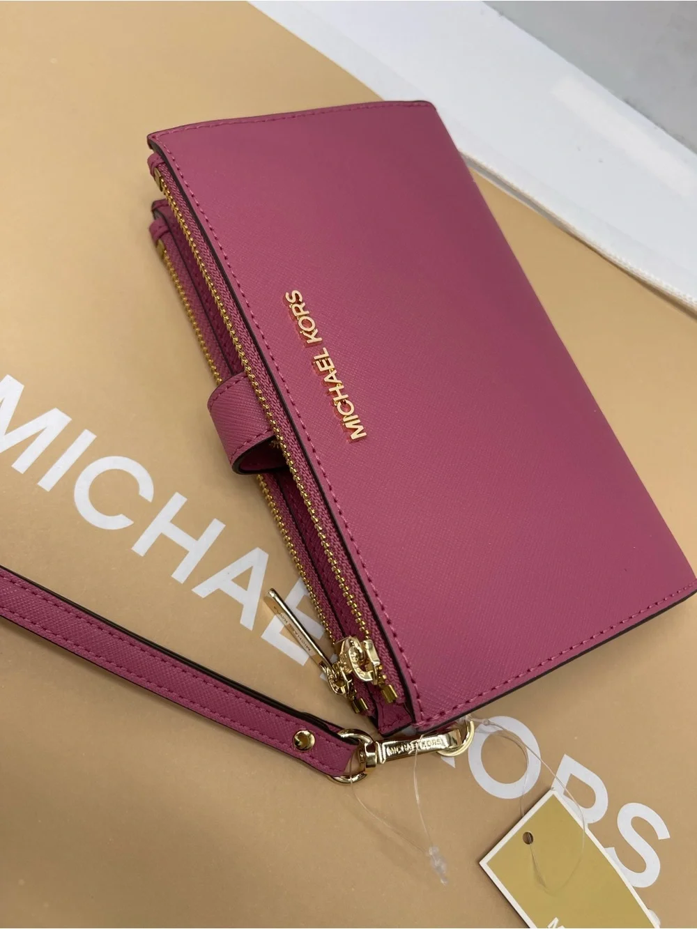 MICHAEL KORS JST Lg Double Zip Leather Wristlet Wallet Phone Holder Rosewood NWT